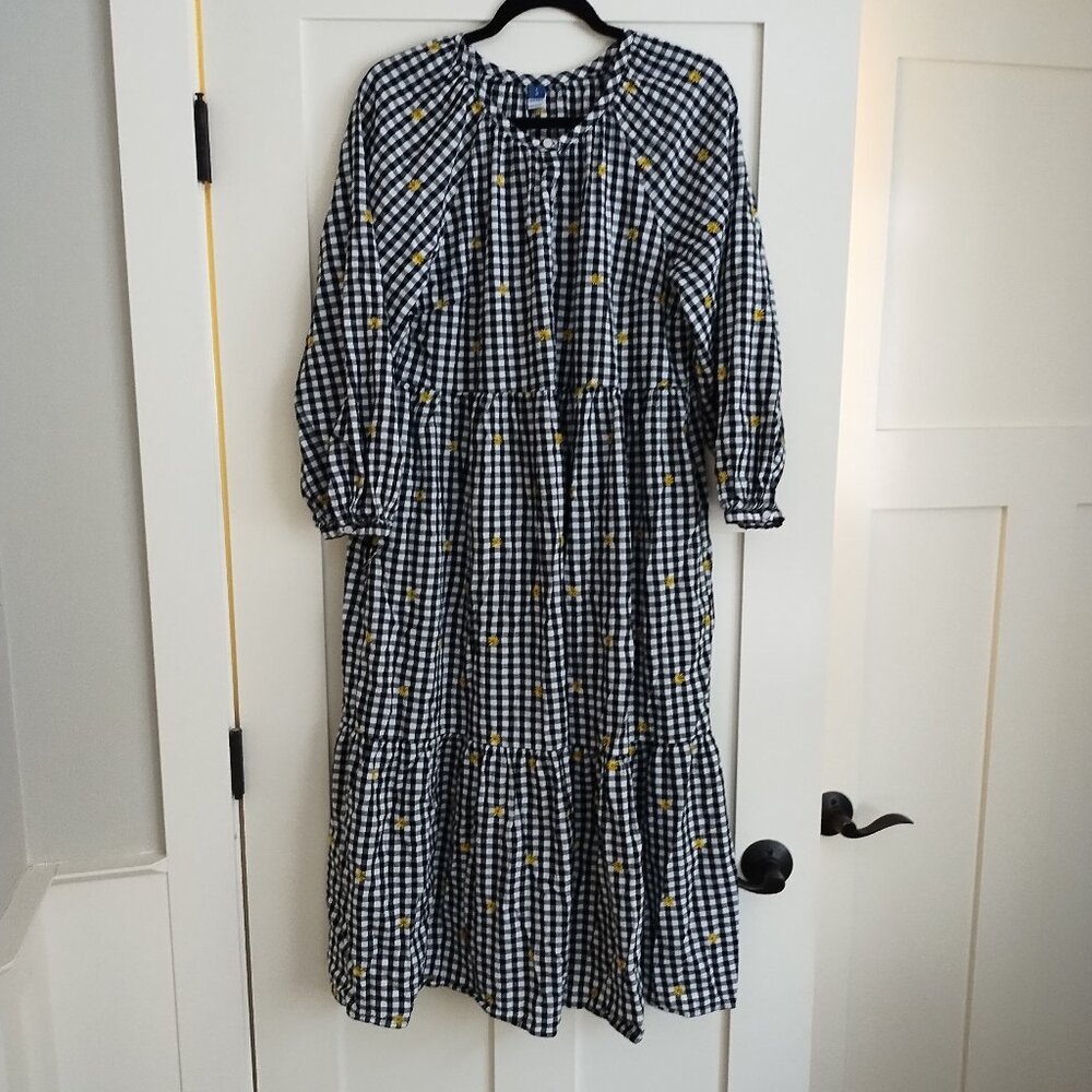 Old Navy Long Sleeve Black & White Gingham Dress With Mini Yellow Flowers